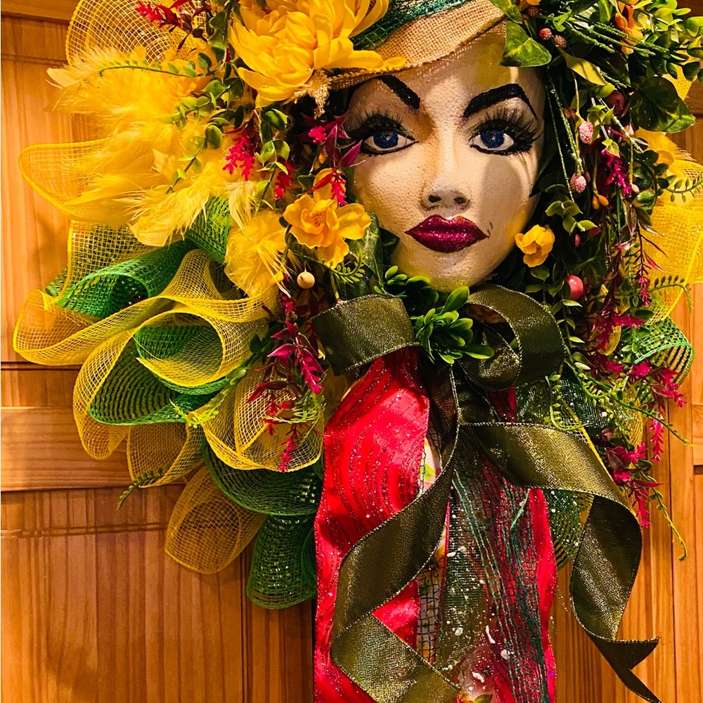 Vibrant Floral Decorative Mask/ Mannequin Head Wreaths